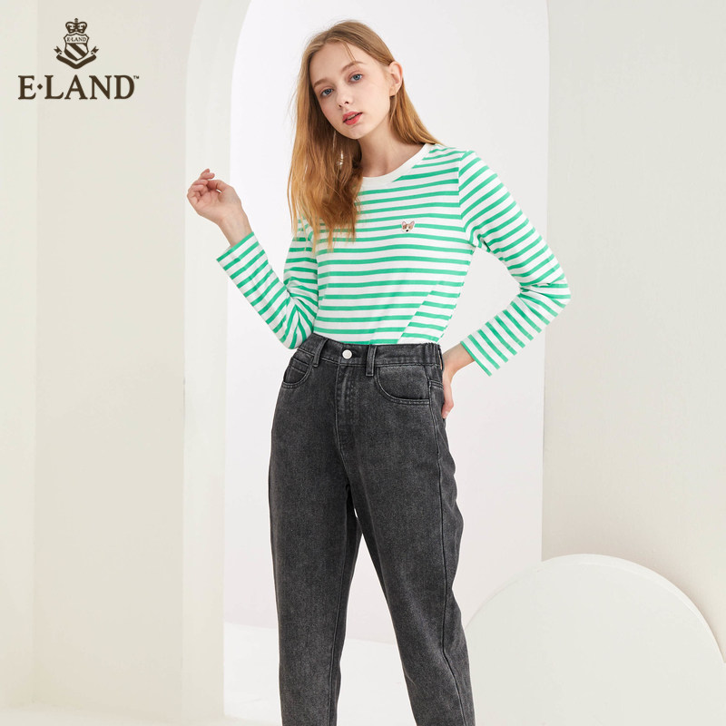 eland经典可爱柯基刺绣条纹女t恤 衣恋集团outlets店T恤