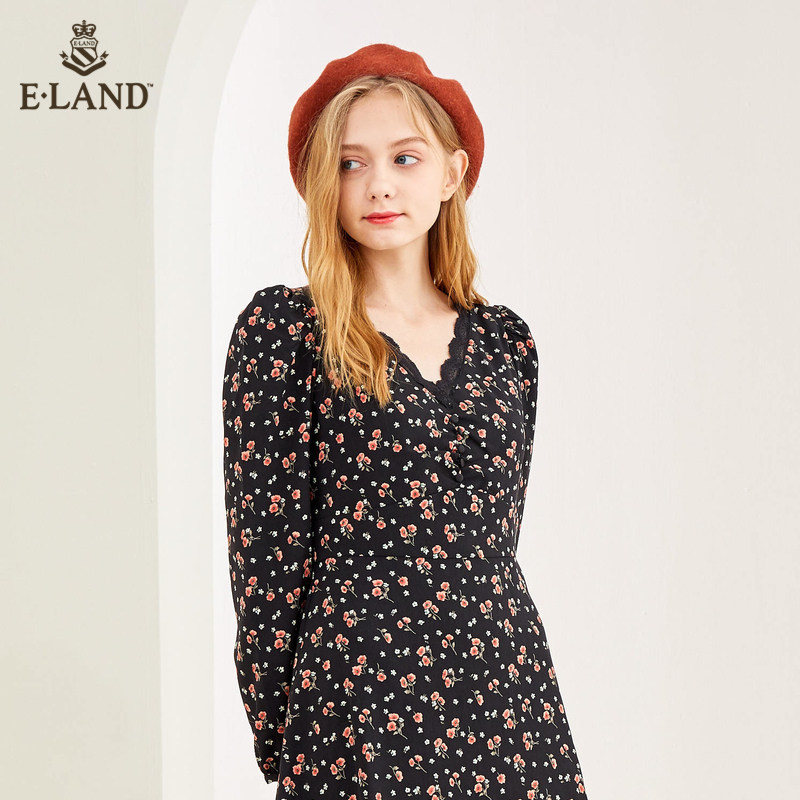 eland2020气质显瘦碎花蕾丝连衣裙 衣恋集团outlets店连衣裙