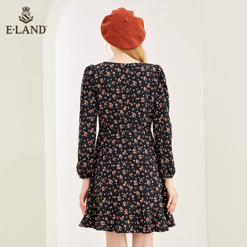 eland2020气质显瘦碎花蕾丝连衣裙 衣恋集团outlets店连衣裙