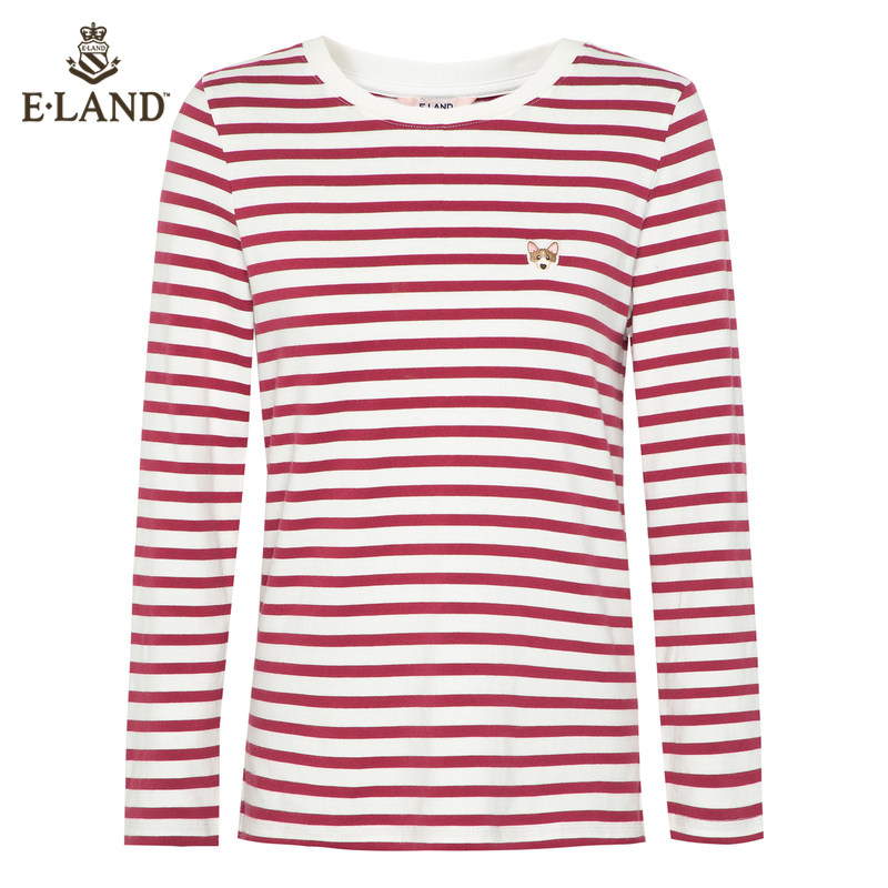 eland经典可爱柯基刺绣条纹女t恤 衣恋集团outlets店T恤