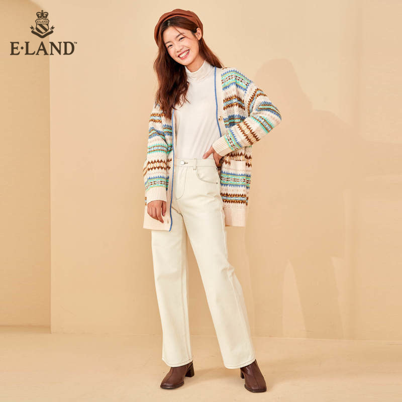 eland2020冬季新款复古风v领开衫 衣恋集团outlets店毛针织衫