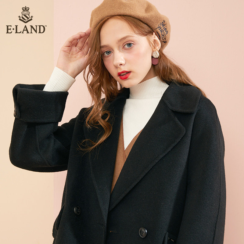 eland秋冬韩版风纯色简约毛呢大衣 衣恋集团outlets店毛呢外套