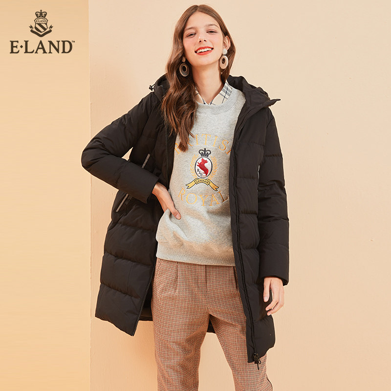 eland秋冬纯色连帽撞色边羽绒服 衣恋集团outlets店羽绒服