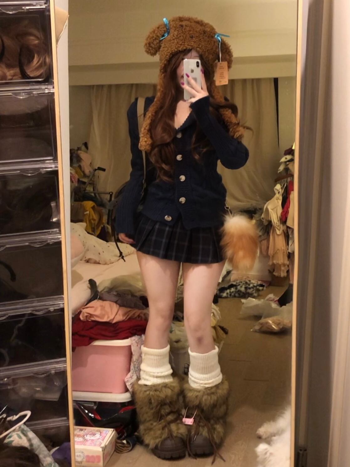 荔桃想睡觉ya【藏青耶鲁】秋冬学院风针织开衫毛衣收腰格纹百褶裙 - 图2