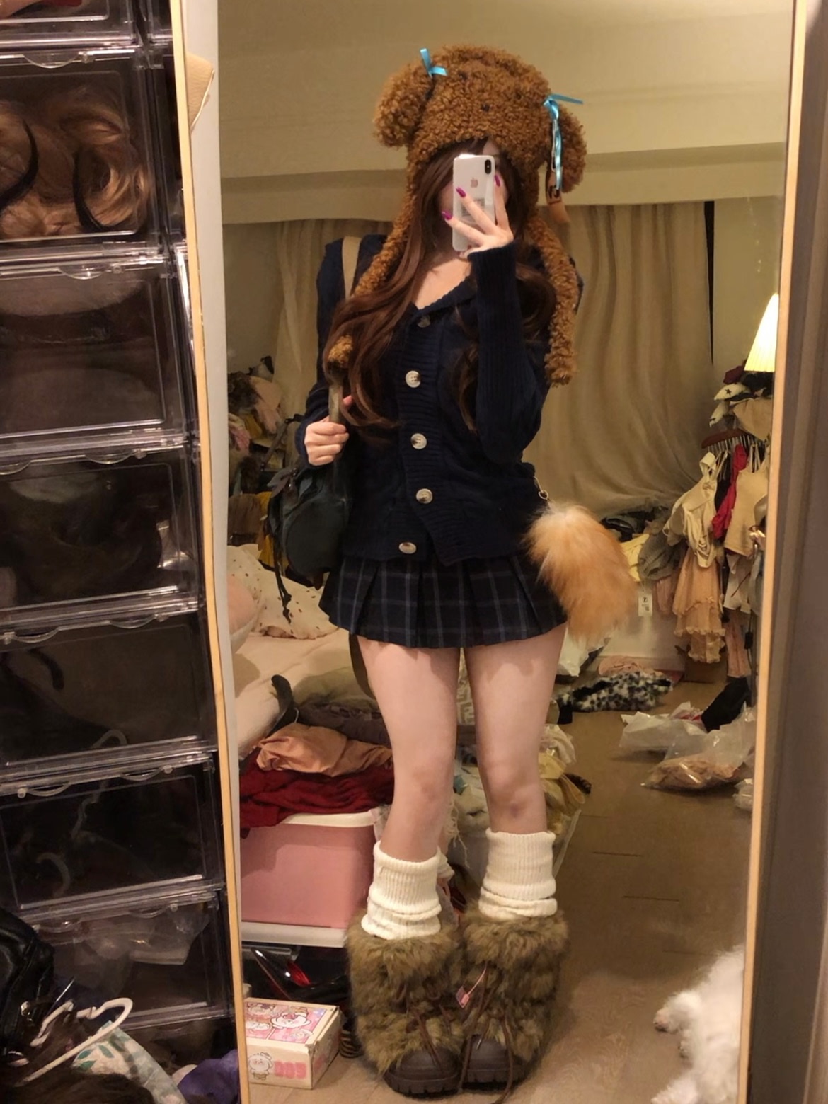 荔桃想睡觉ya【藏青耶鲁】秋冬学院风针织开衫毛衣收腰格纹百褶裙 - 图3