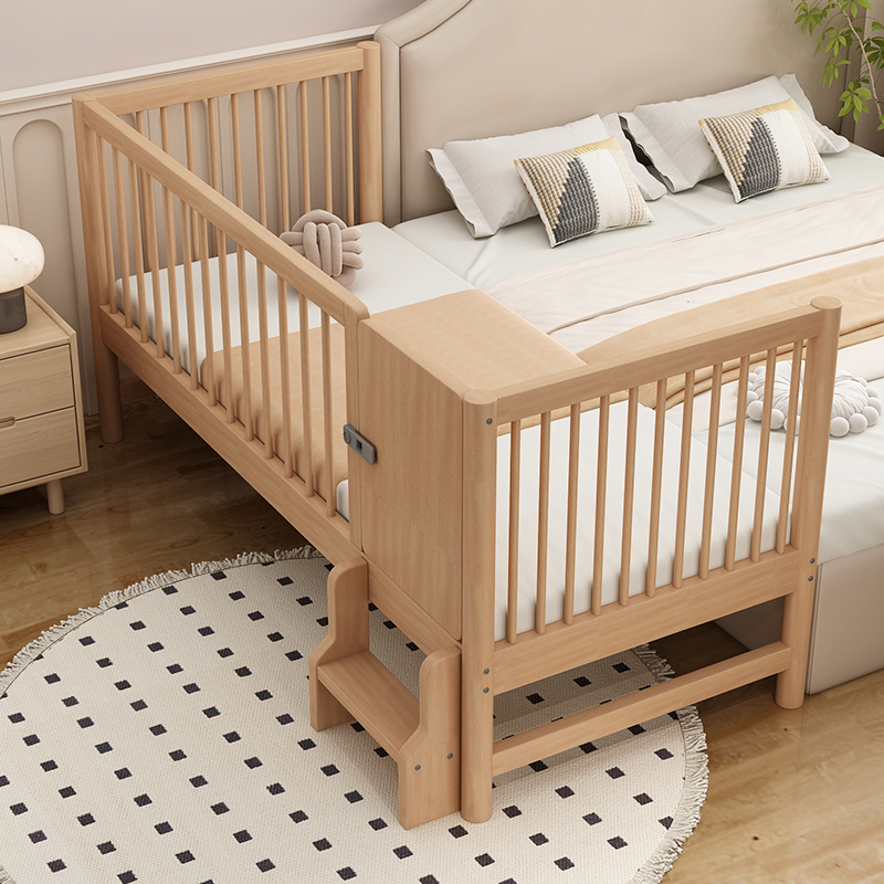 榉木儿童拼接床可调节高度床边加宽小床婴儿实木床宝宝带护栏定制 - 图1