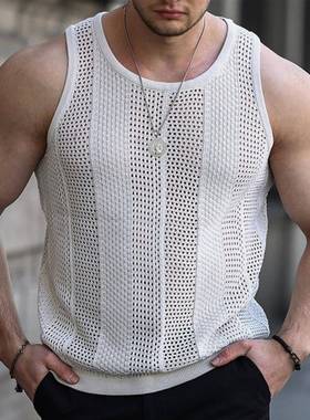 外贸男装2025夏季新款镂空针织衫男士无袖修身针织背心Men's