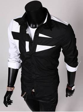 韩式风撞色长袖衬衫潮流修身男款衬衣黑色men s casual shirt top