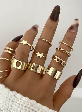 流泪眼睛戒指女设计感小众关节戒指套装复古黑白格指环Ring set