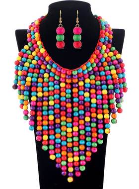 民族风木珠流苏项链套装非洲新娘饰品necklaces women jewelry