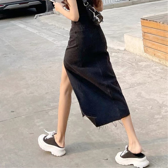 高腰侧开叉牛仔半身裙女夏季2025新款显瘦a字辣妹包臀长裙子ins潮