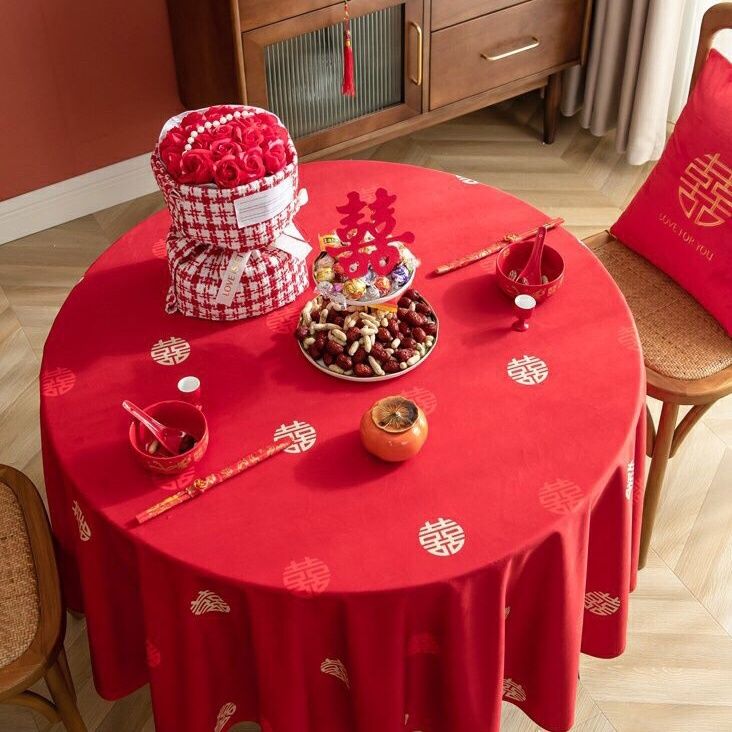 结婚桌布红色中式拜堂圆桌长方形复古茶几婚庆婚礼装饰喜字餐桌布 - 图2