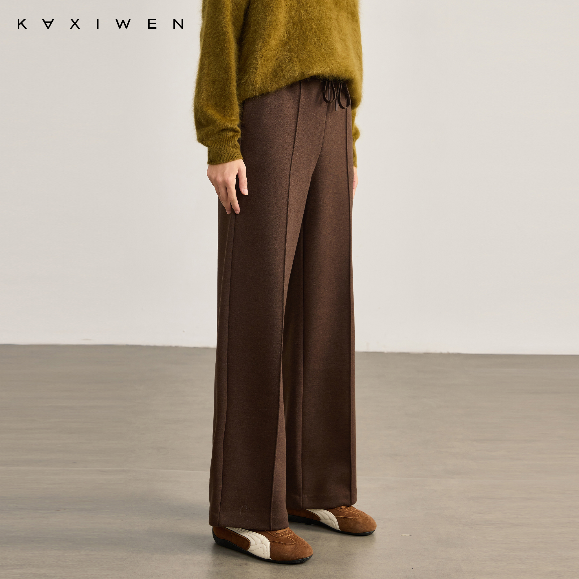 佧茜文通勤气质休闲长裤2025冬季新款松紧高腰百搭磨毛直筒裤 - 图2