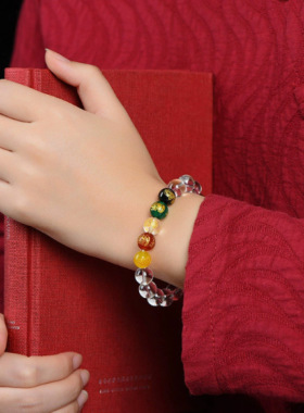 仿白水晶玻璃五路财神手链招财手串男女情侣款本命年转运珠单圈