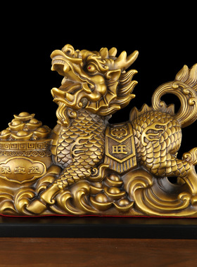 黄铜麒麟一对聚宝盆旺财麒麟金属工艺品家居装饰品聚财铜摆件批发