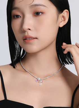 爱心锆石珍珠蝴蝶结碎银项链