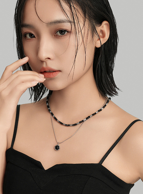 双层叠戴黑胆石串珠吊坠项链甜酷
