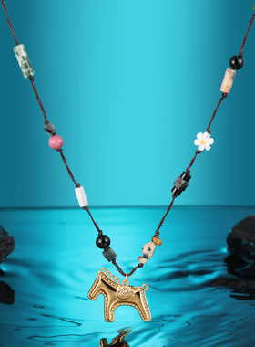 复古彩色天然石串珠小马项链女款