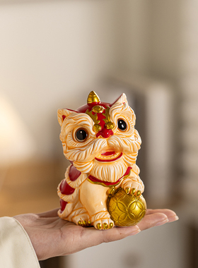 中式招财醒狮陶瓷摆件新年礼物
