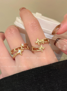 银色芒星开口戒指女复古个性