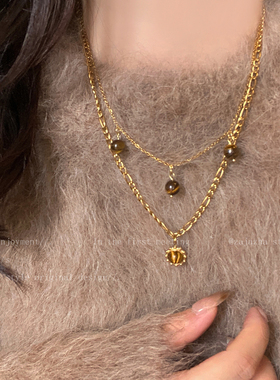 双层太阳花虎眼石项链女