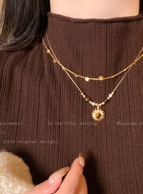 金色太阳花虎眼石珍珠项链女秋冬