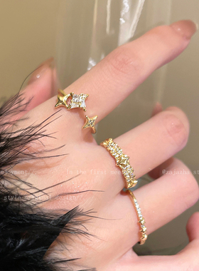 金色芒星锆石开口戒指女好看的叠戴高级感食指戒轻奢小众设计指环
