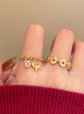 金色小马铜钱开口戒指女