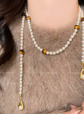 双层虎眼石珍珠长款毛衣链女