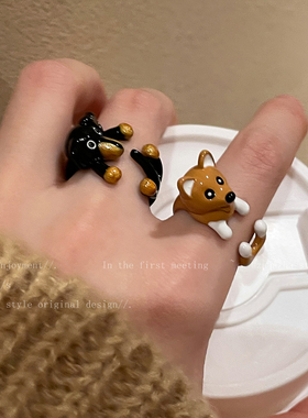 立体小狗滴釉戒指女学生