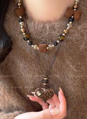 虎眼石豹纹爱心项链女