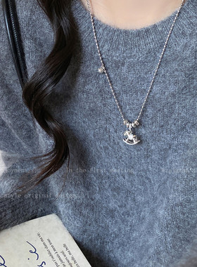 银色串珠小马项链女秋冬