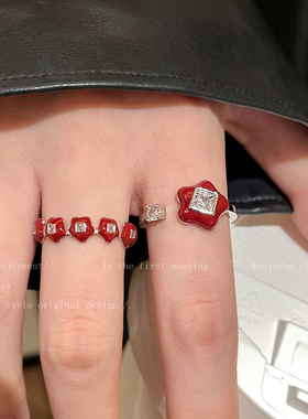 酒红色星星锆石开口戒指女复古港风小众设计食指戒秋冬叠戴指环潮