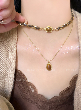 美拉德虎眼石皮革项链女