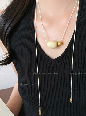 象牙白圆珠吊坠锁骨链女