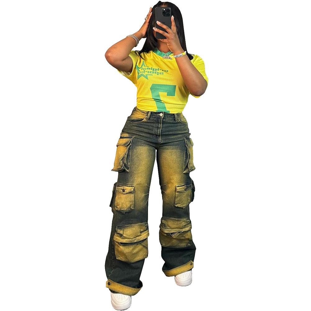 Womens straight multi-pocket jeans dye clothing overalls - 图3