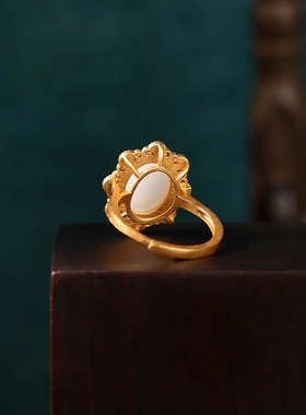 民族风古法镀金仿玉石蛋面珐琅工艺戒指女国潮玫瑰花香活口指环
