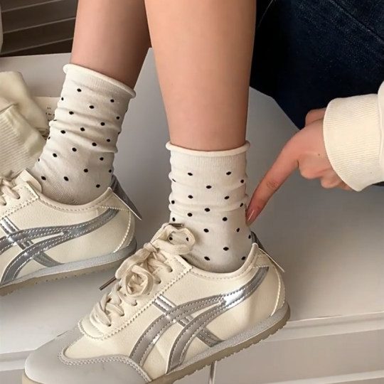 奶白色中筒袜子女春夏百搭纯色堆堆袜长袜韩版波点木耳边月子袜女