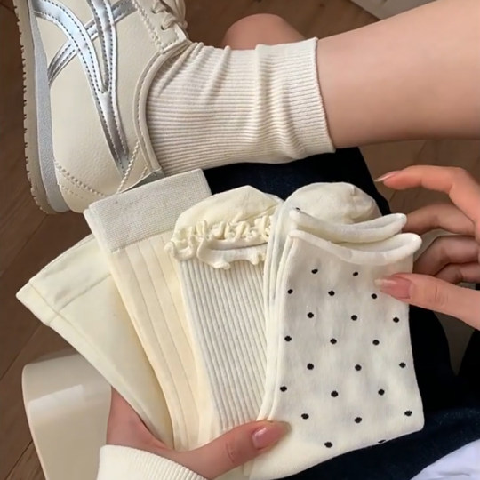 奶白色中筒袜子女春夏百搭纯色堆堆袜长袜韩版波点木耳边月子袜女