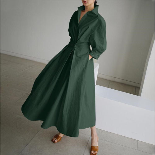 Vintage lapel swing cotton linen dress复古翻领大摆棉麻连衣裙 - 图1