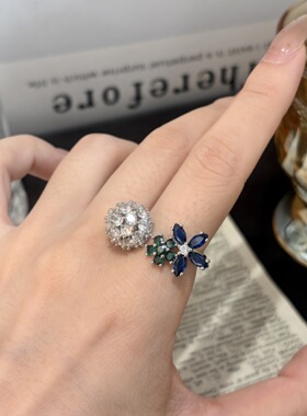 新品蓝钻双生花活口戒指花朵女戒