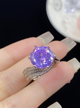 荧光灯变色满钻奢华六爪开口戒指