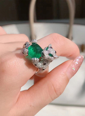 彩宝法式祖母绿戒指女开口可调节