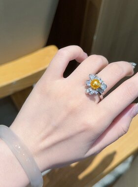 新品法式黄珍珠花朵戒指开口指戒