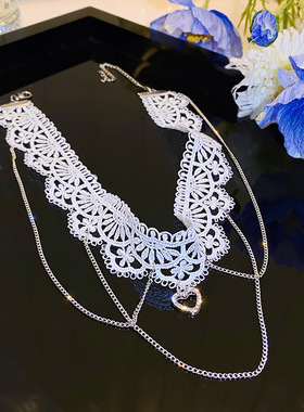 白色蕾丝流苏项链女2025年新款潮轻奢小众设计感锁骨choker链项圈