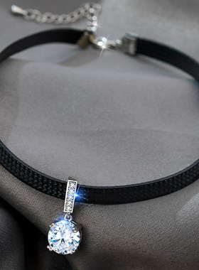 小众设计感人造锆石吊坠choker颈带皮绳项链女短款锁骨链简约气质