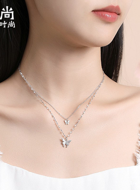 双层叠戴蝴蝶项链足银不易褪色