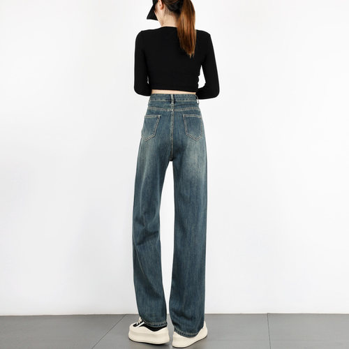 怀旧复古色阔腿牛仔裤女秋季新款高腰宽松直筒小个子垂感拖地裤潮 - 图3