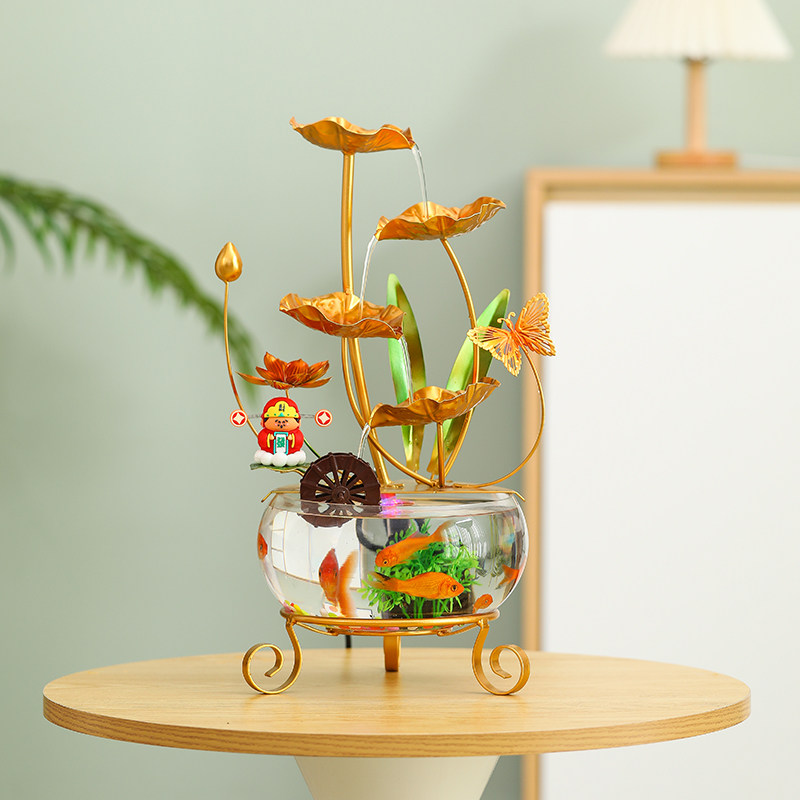 创意现代风简约轻奢铁艺荷叶循环流水办公客厅家用玻璃缸桌面摆件,淘宝优惠券,粉丝福利购,淘宝优惠卷