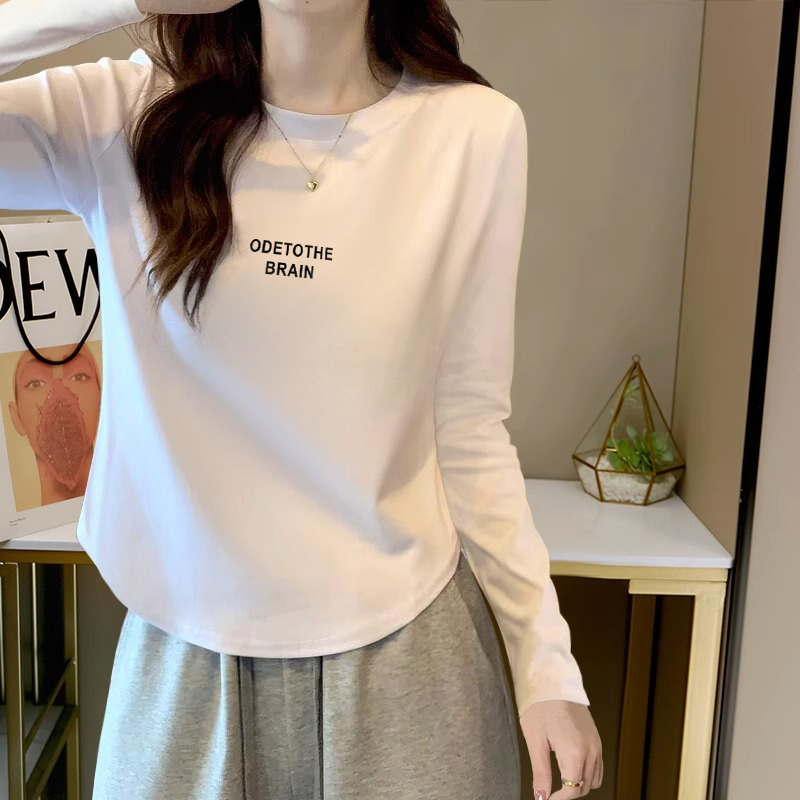 长袖T恤女秋季显瘦不规则设计感短款纯白色小个子打底衫上衣